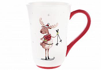 Кружка керамічна "Олень з лижами" 490 мл, з червоною ручкою, 834-347 Кружка керамічна "Олень з лижами" 490 мл, з червоною ручкою, 834-347