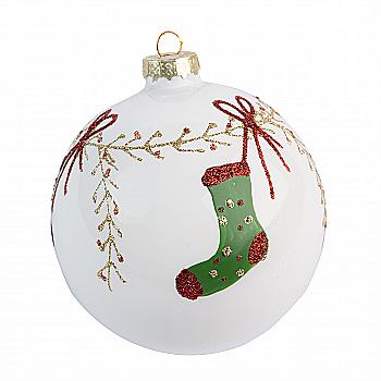 Ялинкова прикраса Куля 10 см біла з черевичком, YQU5359-6 Ялинкова прикраса Куля 10 см біла з черевичком, YQU5359-6