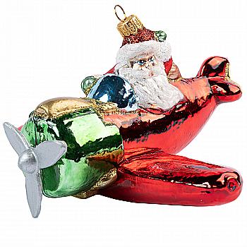 Ялинкова прикраса скляна Санта в літаку 15,3 см, 2188 Ялинкова прикраса скляна Санта в літаку 15,3 см, 2188