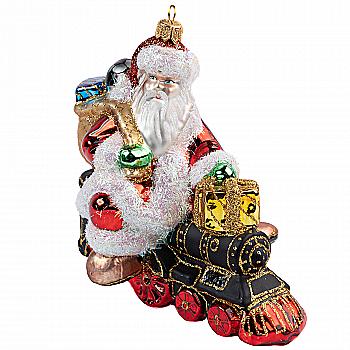 Ялинкова прикраса скляна Санта на паровозі 15,3 см, 1914B Ялинкова прикраса скляна Санта на паровозі 15,3 см, 1914B