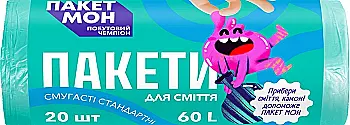 Пакети для сміття ТМ ПАКЕТ МОН смугасті HD 60х70 бірюзово-фіолетові 60л/20шт, 16411330 Пакети для сміття ТМ ПАКЕТ МОН смугасті HD 60х70 бірюзово-фіолетові 60л/20шт, 16411330