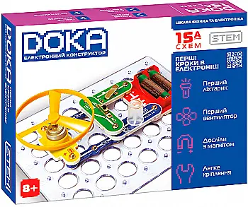 Конструктор електронний DOKA "Перші кроки в електроніці" (Набір А, 15 схем), D70709 Конструктор електронний DOKA "Перші кроки в електроніці" (Набір А, 15 схем), D70709