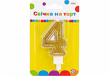 Свеча на торт золотистая двухсторонняя с блестками "4", 7,62 см, MX622083-4 Свеча на торт золотистая двухсторонняя с блестками "4", 7,62 см, MX622083-4