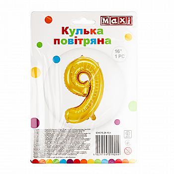 Куля повітряна золотиста фольгована "9", 40,64 см, MX634019.24-16in