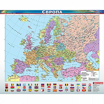 Карта Європи політична, 1:12 000 000, ламінована на планках, розмір: 44х53см, (у) 1602 Карта Європи політична, 1:12 000 000, ламінована на планках, розмір: 44х53см, (у) 1602