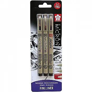Набір лінерів Pigma Micron 2 шт., 01, 05 + Pigma Brush, Чорний, у блістері, Sakura Набір лінерів Pigma Micron 2 шт., 01, 05 + Pigma Brush, Чорний, у блістері, Sakura