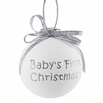 Ёлочное украшение Шар белый "Baby`s 1st Xmas" 6,5 см с серебрянным бантом, 76016 Ёлочное украшение Шар белый "Baby`s 1st Xmas" 6,5 см с серебрянным бантом, 76016
