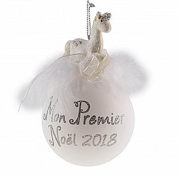 Ёлочное украшение Шар "Mon Premier Noel" 8,5 см с единорогом и перьями, белый, 79001 Ёлочное украшение Шар "Mon Premier Noel" 8,5 см с единорогом и перьями, белый, 79001