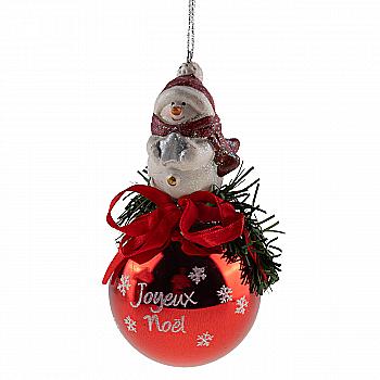 Ёлочное украшение Шар красный "Joyeux Noel" 6,5 см со снеговиком сверху, ветками и бантом, 5573 Ёлочное украшение Шар красный "Joyeux Noel" 6,5 см со снеговиком сверху, ветками и бантом, 5573