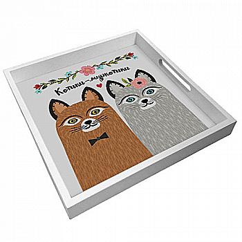 Поднос "Presentville" деревянный с принтом "Котики-муркотики", PDN_19N006_WH Поднос "Presentville" деревянный с принтом "Котики-муркотики", PDN_19N006_WH