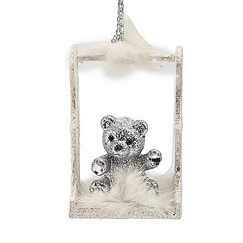 Игрушка новогодняя "Мишка на качели" серебро, 15 см, 2507