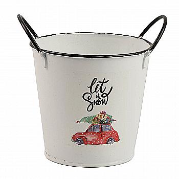 Горшок для растений цинковый круглый с новогодним принтом, белый рис., AZ3000010