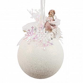 Ялинкова прикраса Куля 8,5 см з дівчиною-фігуристкою зверху, снігом та бантом, рожев./білий, 5727