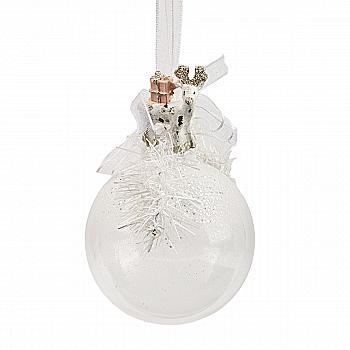 Ёлочное украшение Шар прозрачный 6,5 см с белым оленем сверху и бантом, 5636