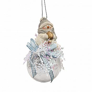 Ялинкова прикраса Куля прозора 6,5 см зі сніговиком-малюком зверху, блакитн./рожев., 5491