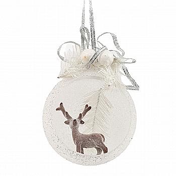 Ялинкова прикраса Куля прозора відкрита 8,5 см з сірим оленем всередині, гілочками та ягодами, 5497
