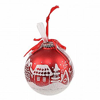 Ялинкова прикраса Куля скляна "Зимове селище" 8,5 см з бантом, червоний (2 види), 77028