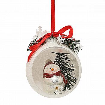 Ялинкова прикраса Куля снігова відкрита 8,5 см зі сніговиком всередині, гілочками і бантом, 5605
