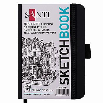 Скетчбук SANTI для графіки, 10*15 см, 100 арк., тверда обкладинка PU, 110г/м2, чорний, 743179