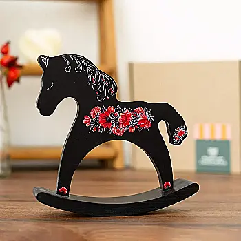 Лошадка-качалка деревянная «Цветы» (черная)