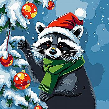 Набір для розпису по номерах 30*30 см "Єнот прикрашає ялинку", ES-0898, ТМ "Strateg"