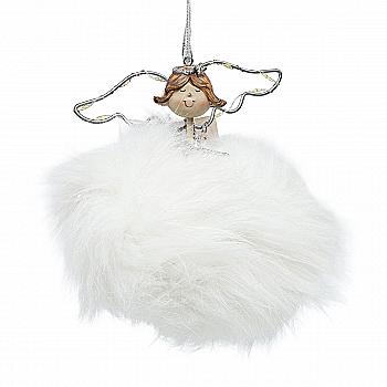 Подвес новогодний Ангел, 13*13*13 см, светодиодное крыло, меховой белый, 3400751 Pusteblume