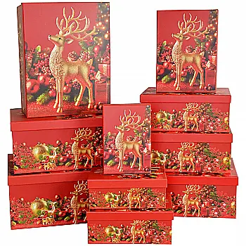 Подарункова коробка прямокутна НР, червона "Золоті олені", 25*18*10,5 см, 1110284014