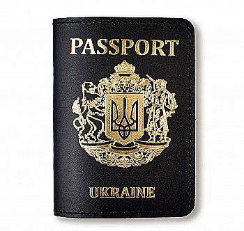 Обкладинка для паспорта Passport з великим Гербом (чорна, золоте тиснення)