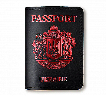 Обкладинка для паспорта Passport з великим Гербом (чорна, червоне тиснення)