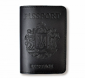 Обкладинка для паспорта Passport з великим Гербом (чорна, чисте тиснення)