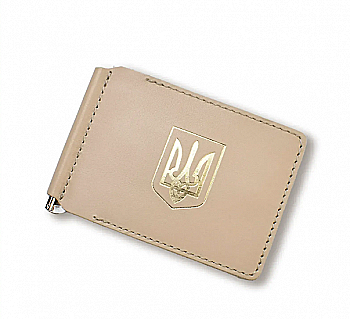 Зажим для купюр и карточек бежевый кожаный с гербом