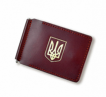 Зажим для купюр и карточек бордовый кожаный с гербом