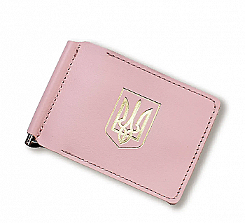 Зажим для купюр и карточек розовый кожаный с гербом