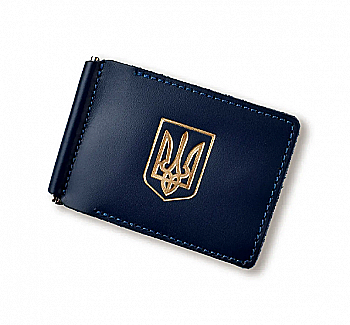 Зажим для купюр и карточек синий кожаный с гербом