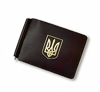 Зажим для купюр и карточек темно-коричневый кожаный с гербом