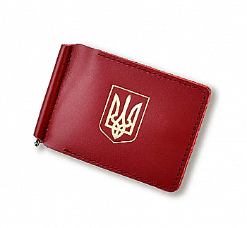 Зажим для купюр и карточек красный кожаный с гербом