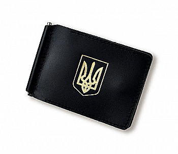 Зажим для купюр и карточек черный кожаный с гербом