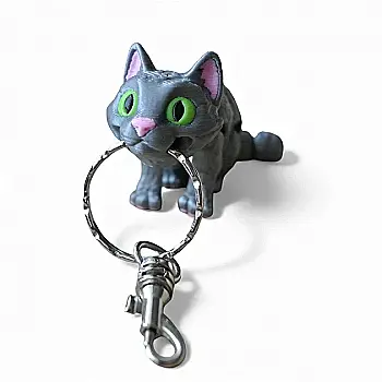 Кінематичний 3D брелок Кіт сірий з зеленими очима