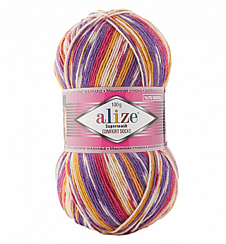 Пряжа шкарпеткова 75% вовна, 25% поліамід, 100 г, 420 м, 7655 Бузково-рожево-жовтий, ТМ Alize