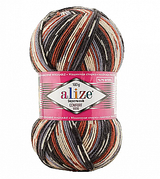 Пряжа шкарпеткова 75% вовна, 25% поліамід, 100 г, 420 м, 7840 Коричневий-беж-асфальт, ТМ Alize