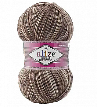 Пряжа шкарпеткова 75% вовна, 25% поліамід, 100 г, 420 м, 7678 Коричневий меланж, ТМ Alize