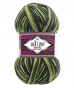 Пряжа шкарпеткова 75% вовна, 25% поліамід, 100 г, 420 м, 2696 Зелено-сіро-жовтий, ТМ Alize