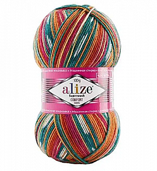 Пряжа шкарпеткова 75% вовна, 25% поліамід, 100 г, 420 м, 7839 Помаранчево-зелений, ТМ Alize