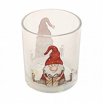 Подсвечник новогодний стеклянный "Bolle" h=10 см, лакированый, белый с красным рисунком (3 вида), 9708483/2012179