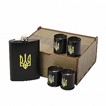 Набор подарочный военный 4 Profi в коробке Трезуб желтый, (Фляга 9OZ+ 4 рюмки патрон)
