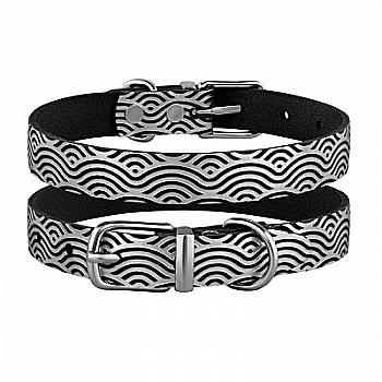 Ошейник кожаный для собак Barksi Classic одинарный серебряное тиснение Море(ш 17мм, д 28-36) черный