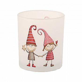 Подсвечник новогодний стеклянный "Tommi" h=10 см, лакированый, белый с красным рисунком (3 вида), 9708485/2012181