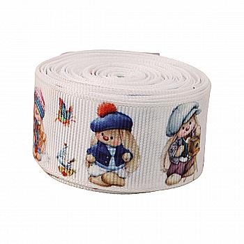 Лента репсовая с принтом Зайчата в шапках ТМ "Шанталь"