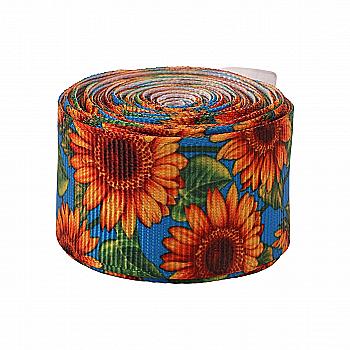 Лента репсовая с принтом Подсолнухи на синем ТМ "Шанталь"