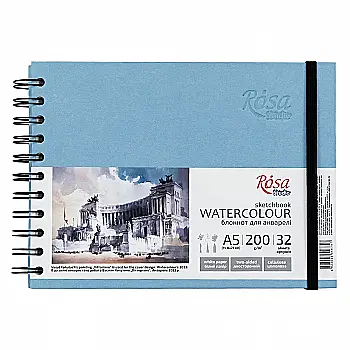 Блокнот для акварели на спирали, Watercolor by Smiltanis, А5, горизонтальная 200 г/м2, 32 л., Бумага белая, Голубой, ROSA Studio